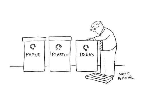 A man searches for ideas in an ideas recycling bin.