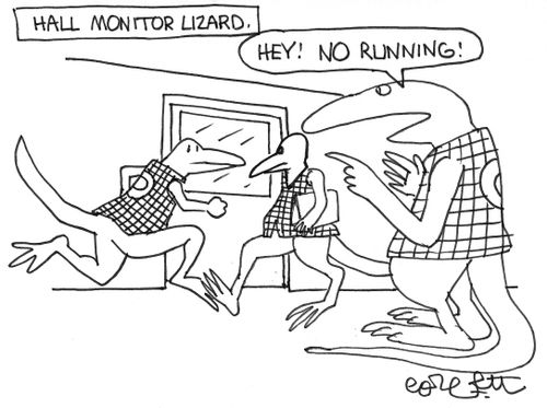 Hall monitor lizard: 'Hey!  No running!'