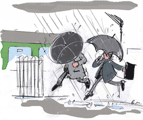 Commuters dancing in the rain.