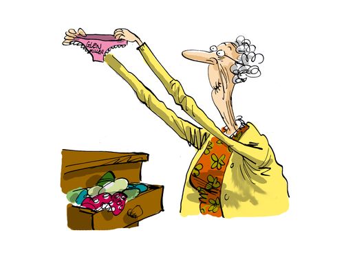 Woman holding pants.
