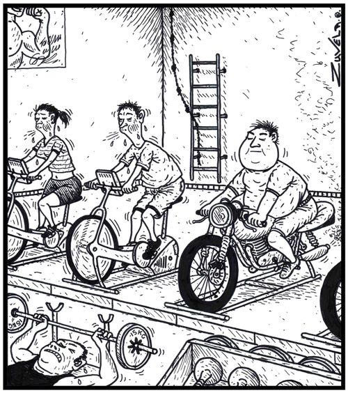 An overweight lazy man chooses to exercise on a motorbike at a gym.