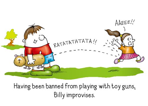 Having been banned from playing with toy guns, Billy improvises.