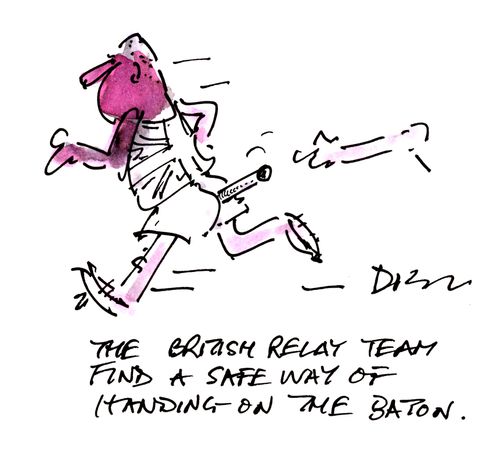 The British relay team find a safe way of handing on the baton.