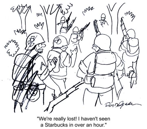 'We're really lost! I haven't seen a Starbucks for over an hour.'