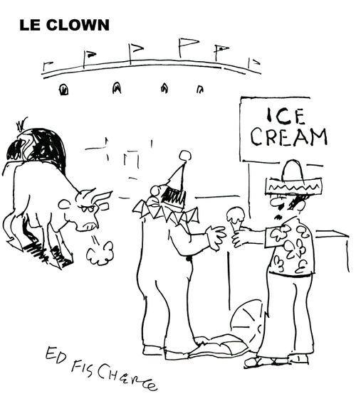 Angry bull heads toward clown