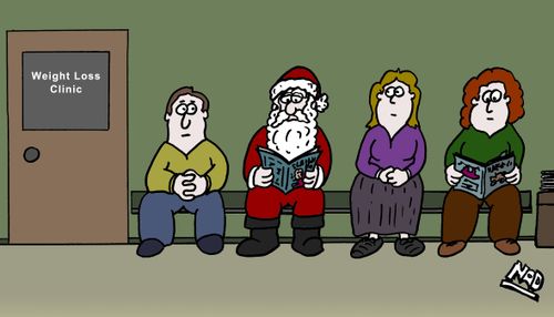Santa sits in the waiting room of a Weight Loss Clinic with other large people.