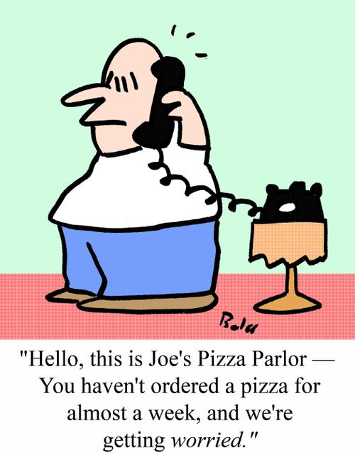 'Hello, this is Joe's Pizza Parlor - You haven't ordered a pizza for almost a week, and we're getting worried!'