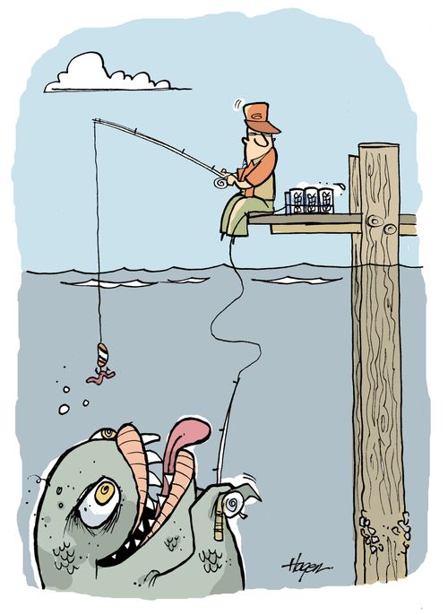 Fish fishing for fisherman with beer.