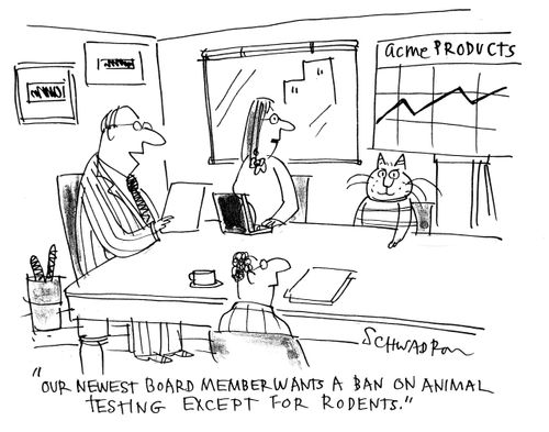 'Our newest board member wants a ban on animal testing except for rodents.'