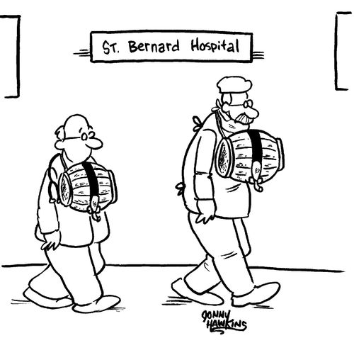 Doctors at 'St. Bernard Hospital' wearing kegs.