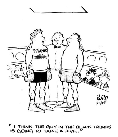 'I think the guy in the black trunks is going to take a dive.' (he has Titanic tattoo on his chest).