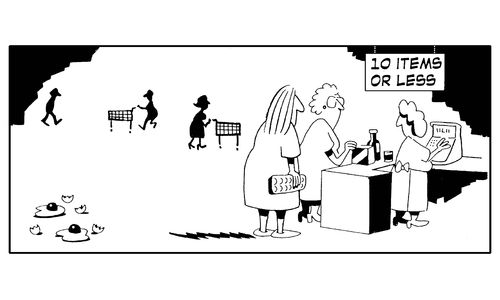 10 items or less queue. (Woman has thrown eggs onto floor).