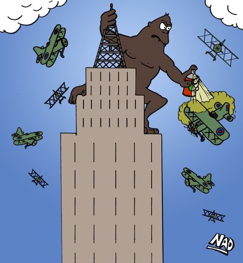 Giant Monkey sprays the pesty planes with 'fly spray'