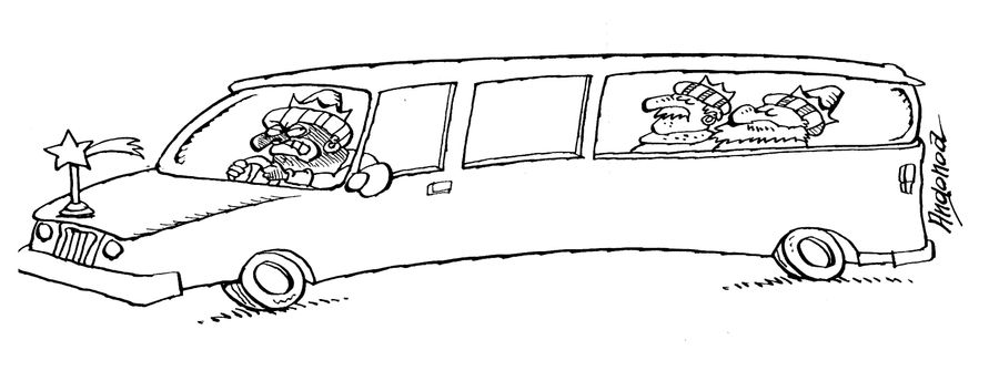 Three wise men in a limosene with one of them driving.