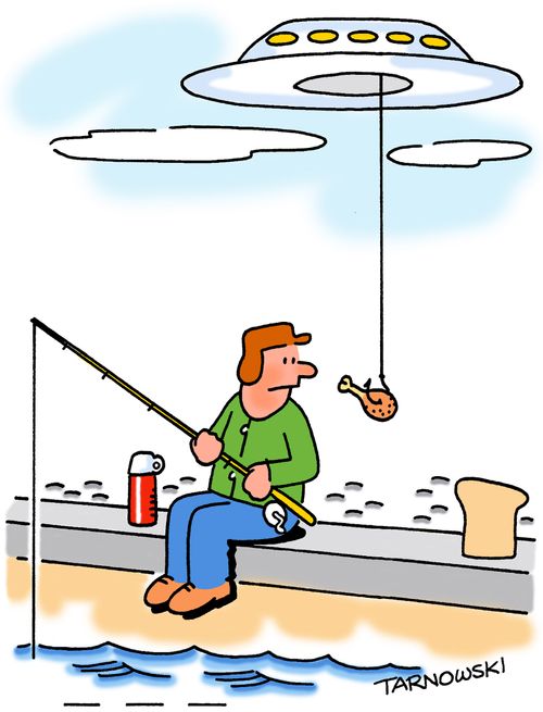 Aliens using bait to catch a fisherman.