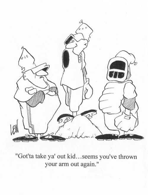 'Gotta take ya' out kid, seems you've thrown your arm out again.'
