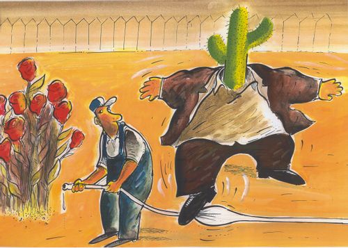 Man with Cactus for Head Stops Water Sprinkler