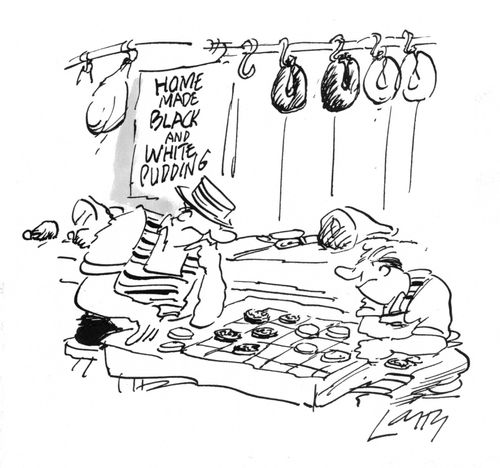 Butchers playing draughts with black and white puddings