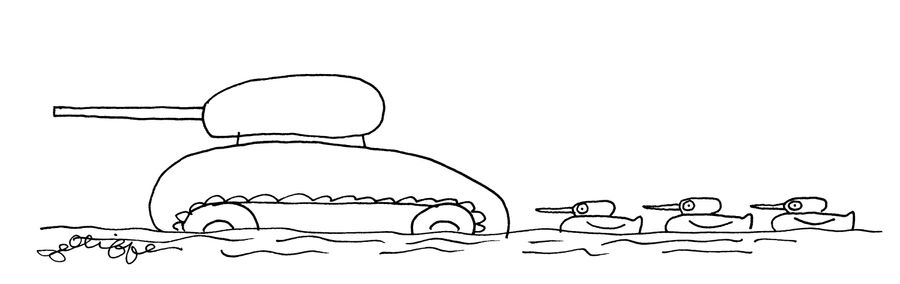 Ducks following a tank.