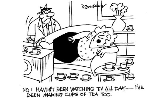 'No, I haven't been watching T.V ALL day-I've been making cups of tea too.'