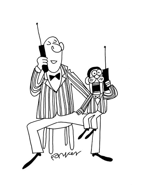 Ventriloquist and his dummy both on mobile phones.