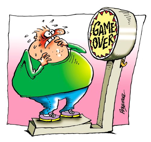 Weighing scales tell person 'Game Over'.