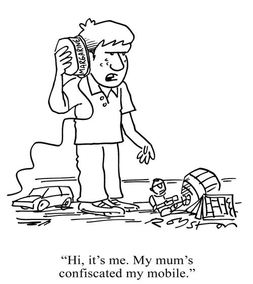 "Hi, it's me. My mum's confiscated my mobile." (Kid talks to friend using margarine tub and string).