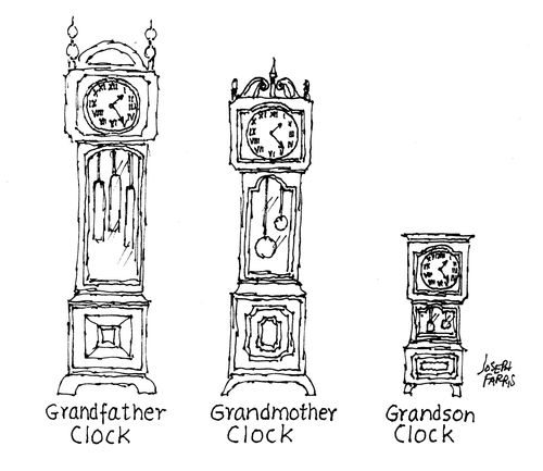 Grandfather clock, grandmother clock, and grandson clock.