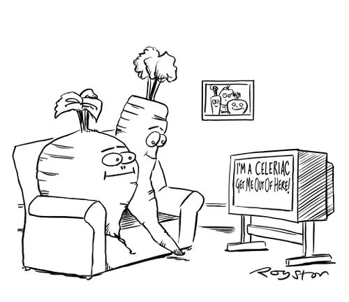 Vegetables watch 'I'm a Celeriac, Get Me Out of Here!' on TV.