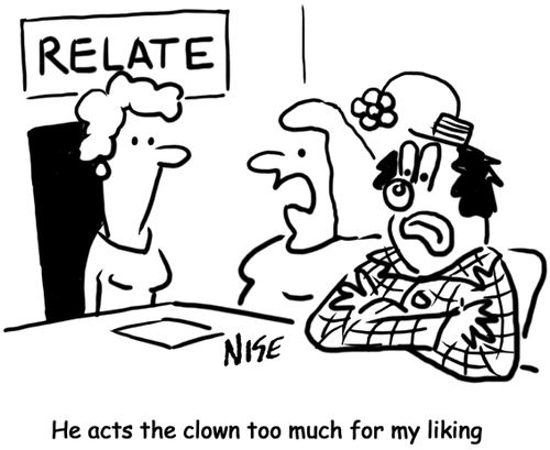 Relate office. 'He acts the clown too much'.