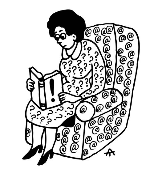 Woman sitting on a chair patterned with @ symbols, wearing a dress with a question mark print and reading a book with an exclamation mark.