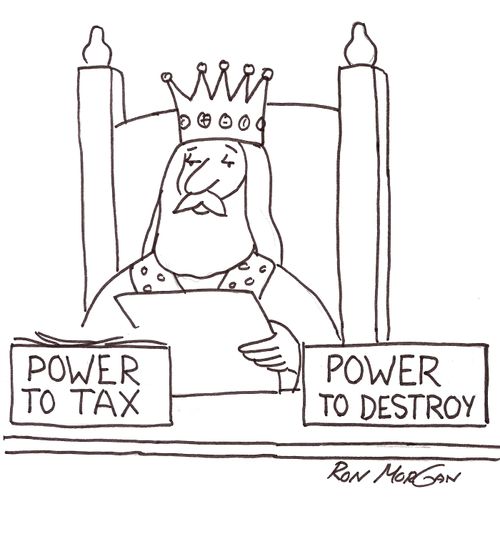 King's in/out boxes read: Power To Tax and Power to Destroy.