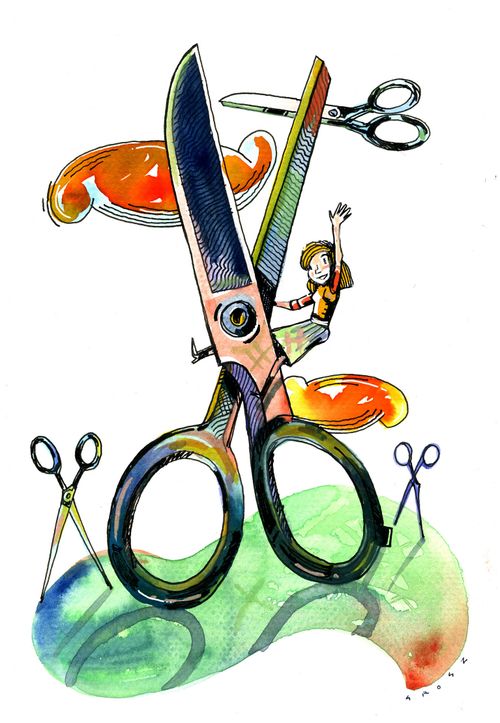 Girl on a giant pair of scissors.