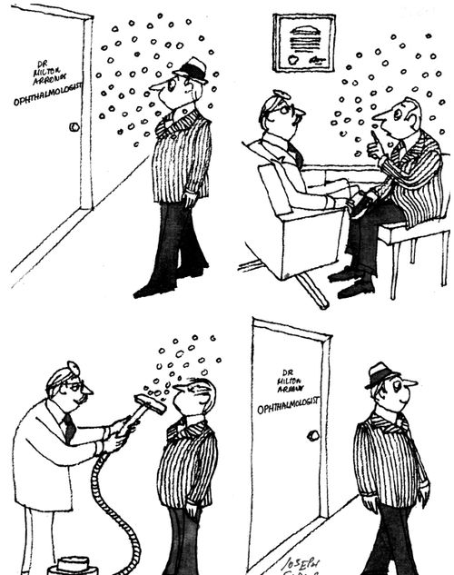 Man visiting the ophthalmologist to have dots removed from his vision.