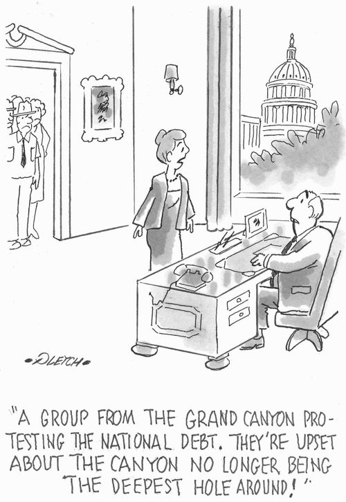 'A group from the Grand Canyon protesting the national debt. They're upset about the canyon no longer being the deepest hole around!'