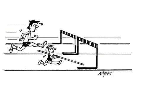 Athletes doing hurdles, short athlete has vaulting pole.