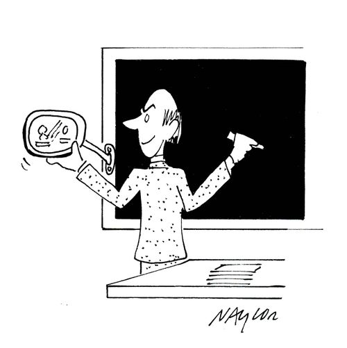 Teacher with wing-mirror on blackboard.
