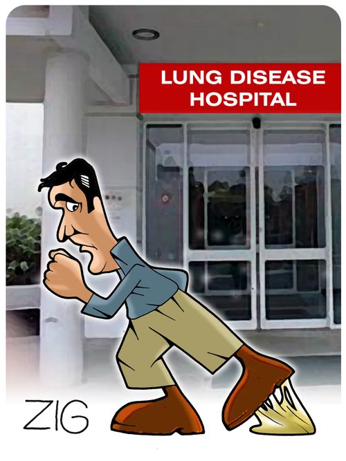 A man steps into a spit in front of the lung disease hospital.