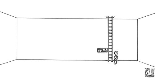 Empty Room with a Ladder and a Sign Saying 'More Upstairs'.