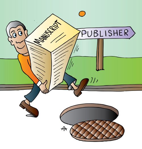 Publisher with a manuscript heading for a manhole.