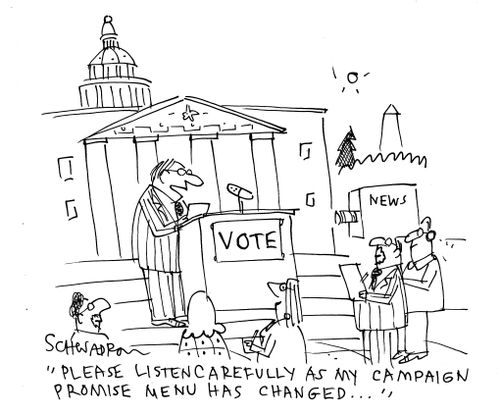 'Please listen carefully as my campaign promise menu has changed...'