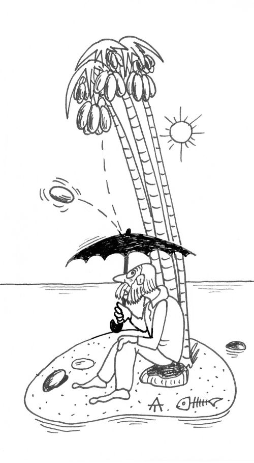 Umbrella as a defence against falling coconuts.