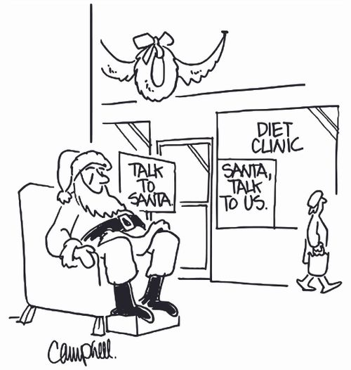 Santa's grotto advertising 'Talk to Santa', is next to a diet clinic with a sign in the window, 'Santa, talk to us.'