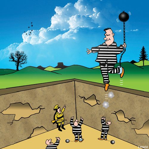 Prisoner's ball and chain is a balloon which helps him to escape from the prison yard.