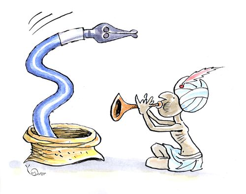 Indian snake charmer charms a snake.