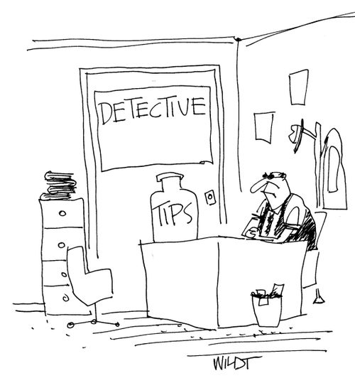 Detective has tip jar on desk.