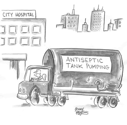 Truck marked 'Antiseptic Tank Pumping' goes to hospital.