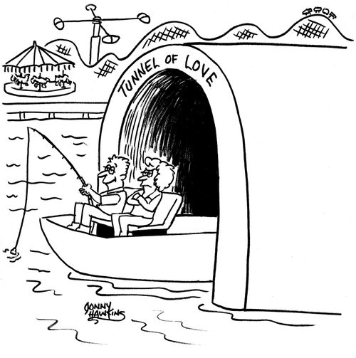 Husband and wife come out of Tunnel of Love, and man is fishing