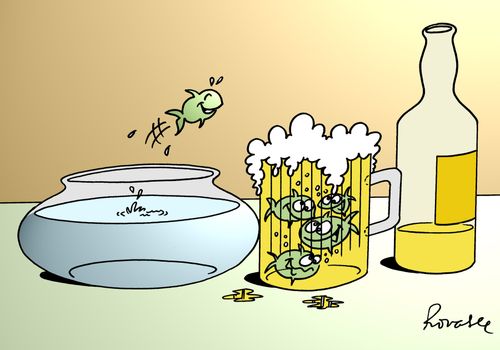 Fish swimming in a pint of beer.