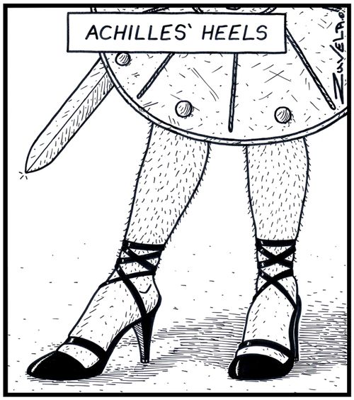 Mythological Greek hero' Achilles' showing off his set of high-heeled shoes